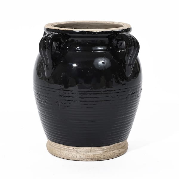 LuxenHome 9.4 in. Black Jug Round Terracotta Vase with Two Handles