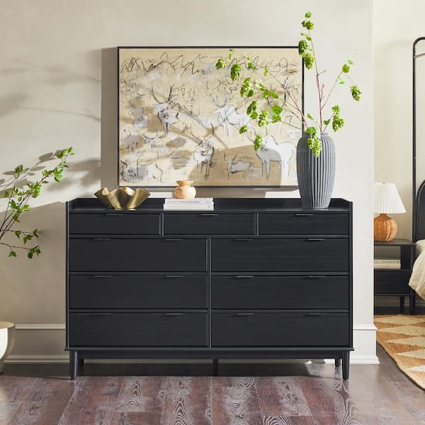 Walker Edison Furniture Company Mid-Century Modern Solid Wood Black 9-Drawer 58 in. Tray Top Dresser