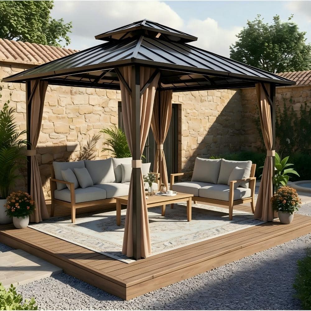 10 ft. x 10 ft. Hardtop and Aluminum Gazebo with Galvanized Steel Double Roof Canopy, Curtains, Netting for Garden price history on PriceWatchPro