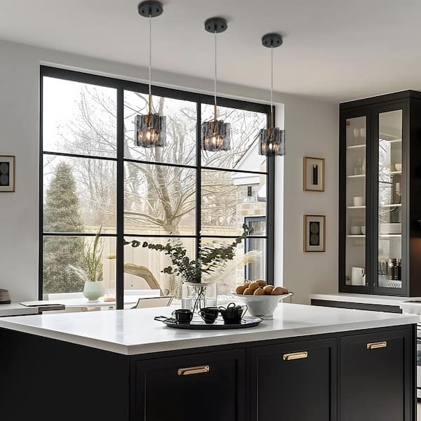 4.7 in. W Black Pendant Light 1-Light Modern Glam Brass Accent Island Mini Pendant with Square Textured Glass Shade
