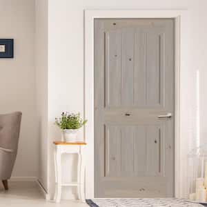 32 in. x 80 in. Knotty Alder 2 Panel Left-Hand Top Rail Arch V-Groove Grey Stain Wood Single Prehung Interior Door