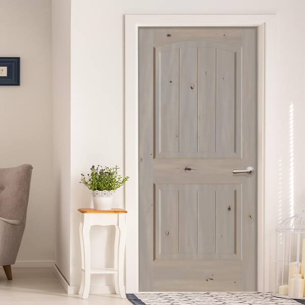 32 in. x 80 in. Knotty Alder 2 Panel Left-Hand Top Rail Arch V-Groove Grey Stain Wood Single Prehung Interior Door
