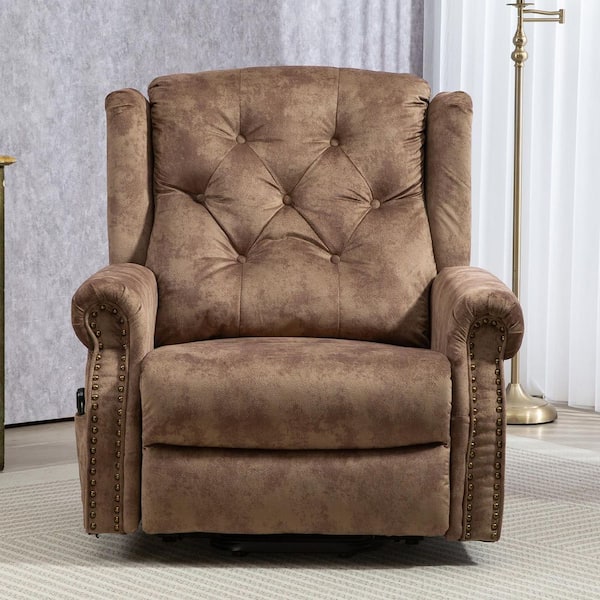 YOFE Upgraded Oversized Brown Velvet Vintage Tufted Power Lift Recliner Chair with Nailhead Trim, Living Room Accent Chair