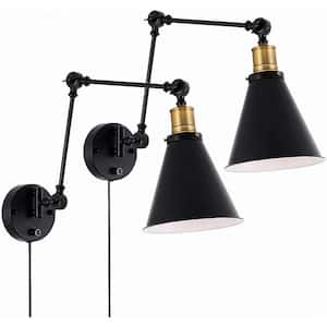 1-Light Bell Black Vintage Industrial Plug-In/Hardwired Swing Arm Wall Sconce for Bedroom, Living Room, Dining Room