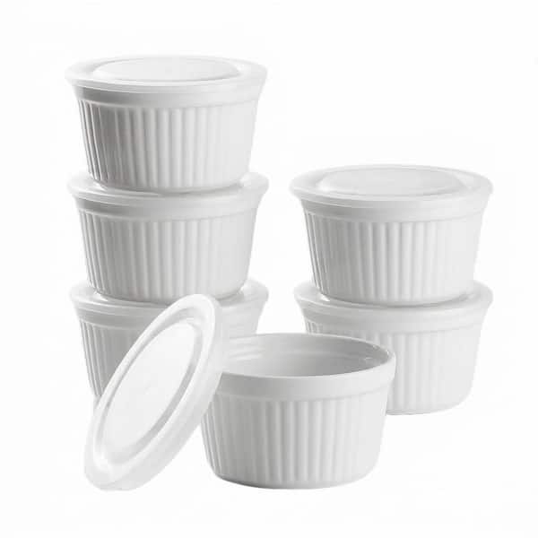 6-Piece White Porcelain Ramekins with Airtight Lids Ceramic Oven Safe Date Tracking Souffle Baking Set