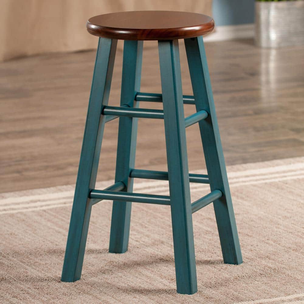 24" Rustic Teal and Walnut Wood Counter Stool