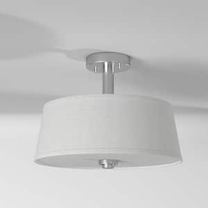 Studio 15 in. 2-Light Satin Platinum Semi-Flush Mount Ceiling Light with White Fabric Shade