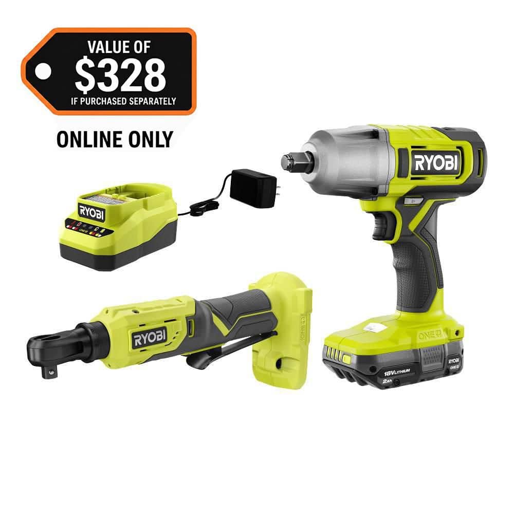RYOBI ONE+ 18V Cordless 2-Tool Combo Kit with 1/2 in. Impact Wrench, 3/8 in. 4-Position Ratchet, 2.0 Ah Battery and Charger (PCL1215K1)