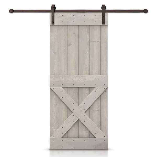 CALHOME Mini X 28 in. x 84 in. Silver Gray Stained DIY Wood Interior Sliding Barn Door with Hardware Kit