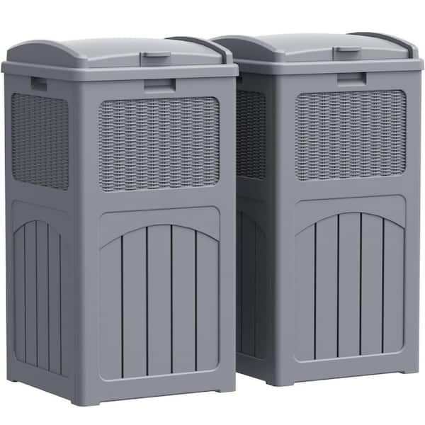 36 Gal. Resin Outdoor Trash Can, Plastic Deck Box (Set of 2) in Gray