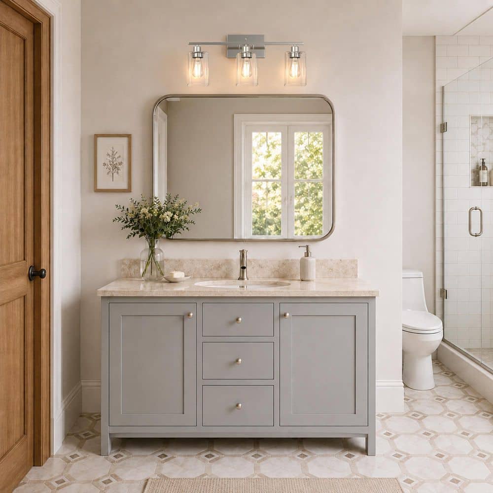 24 in. 3-Light Brushed Nickel Vanity Light for Bathroom Mirror Powder Room, Clear Square Glass Wall Fixture price history on PriceWatchPro