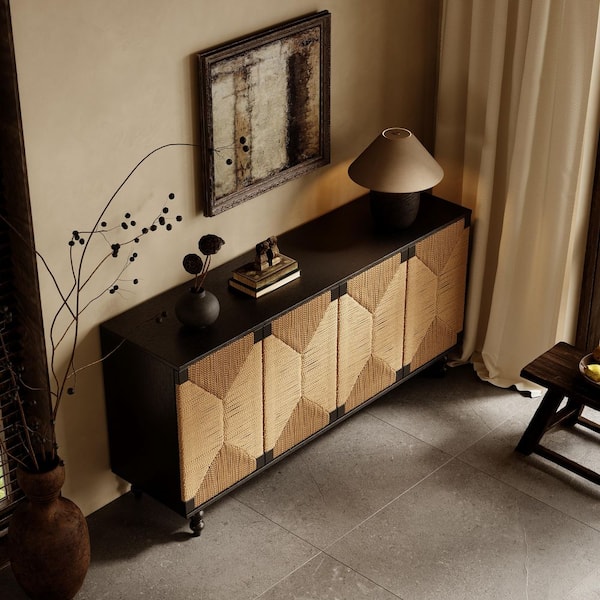 Kreios Natural Wood Buffet 59 in. W Accent Sideboard Cabinet with 4 Wire-Brushed and Seagrass Doors