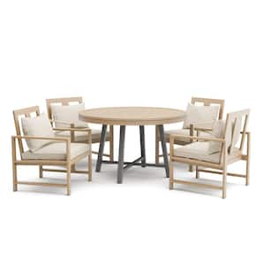 Lyon Brown 5-Piece Metal/Teak Round 3-In-1-Outdoor Dining Set with Beige Cushions/Arm Chairs and Chess Set