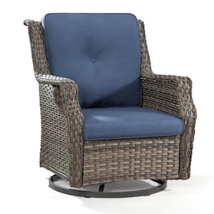 Wicker Patio Outdoor Lounge Chair Swivel Rocking Chair with Blue Cushions