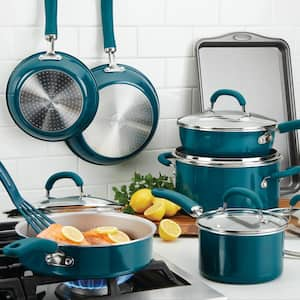 Create Delicious 13-Piece Aluminum Nonstick Cookware Set in Teal Shimmer