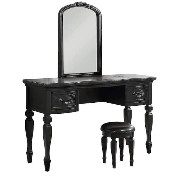 Benjara 3-Piece Black Vanity Set with Carved Mirror and Turned Legs