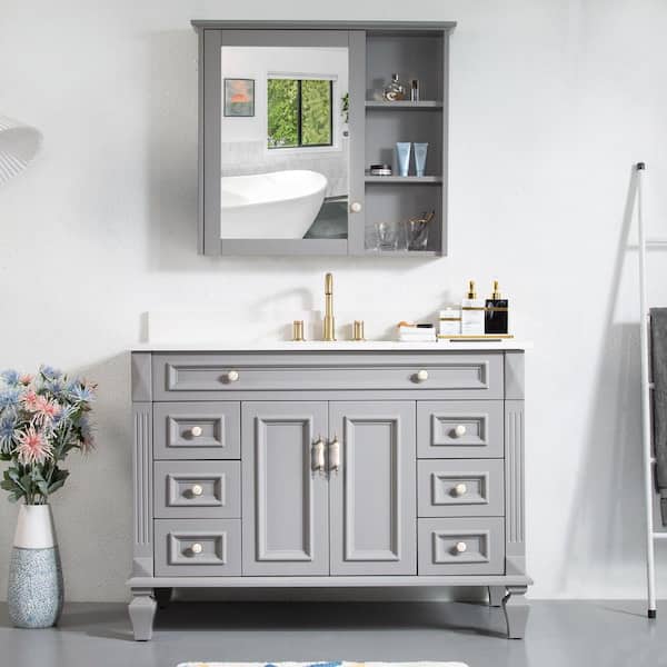 WELLFOR 48 in. W x 22 in. D x 35 in. H Bath Vanity in Gray with Carrera White Vanity Top and Medicine Cabinet