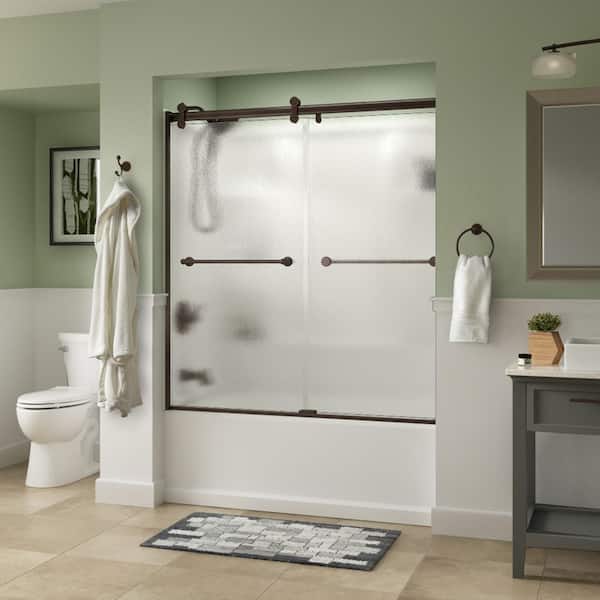 Delta Crestfield Contemporary 50-1/8 to 58-1/2 in. W in. x 58-3/4 in. H Frameless Sliding Tub Door, Bronze, Rain Glass