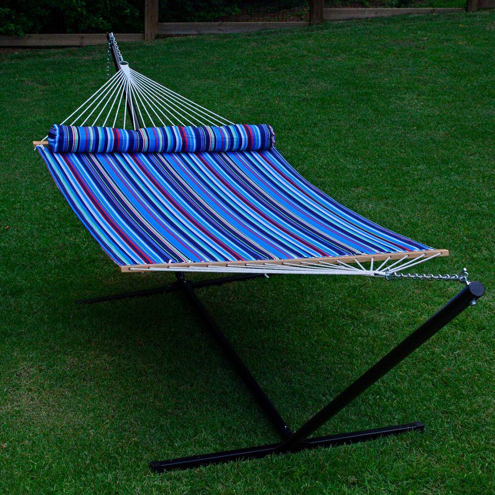 13' Blue and Green Striped Quilted Hammock with Pillow