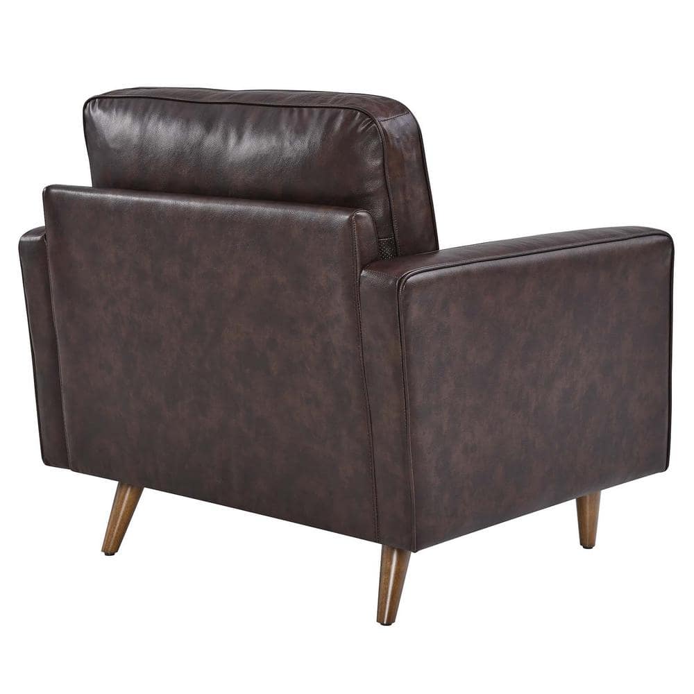 Brown Leather and Walnut Wood Mid-Century Accent Chair