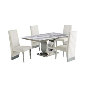 Ada 5-Piece White Marble Top With Stainless Steel Base Table Set With 4 Cream Velvet, Nail Head Trim Chairs