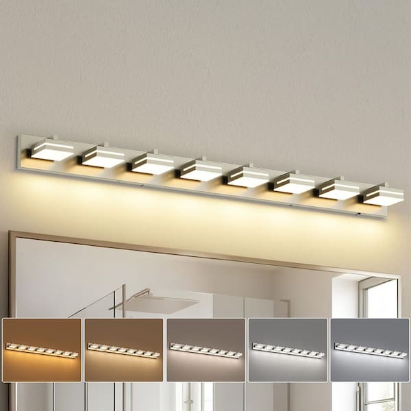 55.12 in. 8-Light Nickel LED Bathroom Vanity Light with 5-CCT Adjustable Switch and Acrylic Lampshade