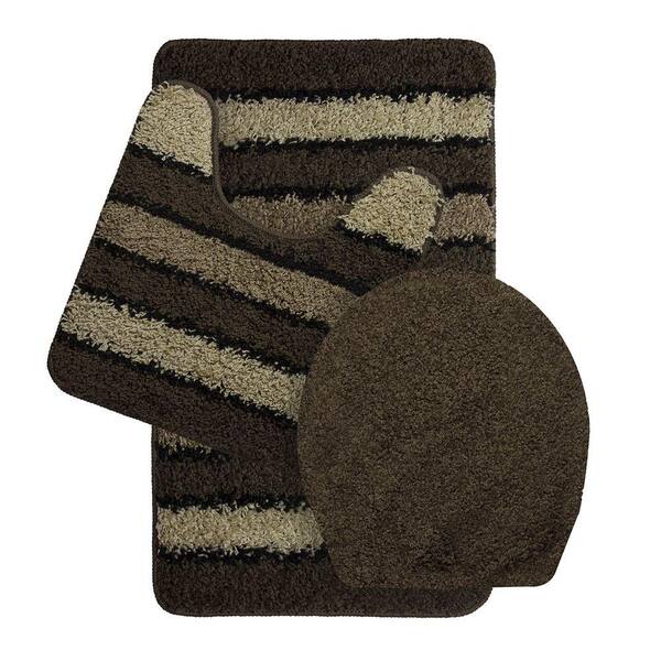 Bath Frieze Deliso Olefin Stripe Non-Slip Chocolate 3-Piece Bath Rug Set