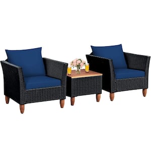 Black 3-Piece Wicker Outdoor Furniture Set Patio Conversation Set with Navy Blue Cushions