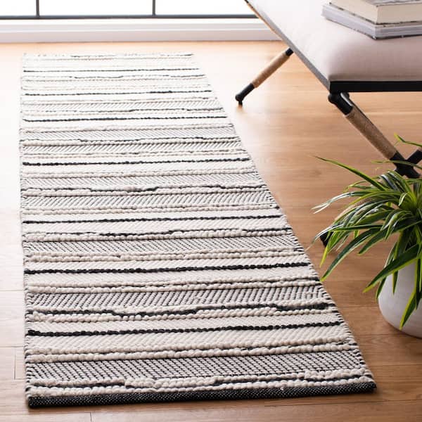 Natura 2 ft. x 8 ft. Black/Ivory High-Low Striped Marle Runner Rug