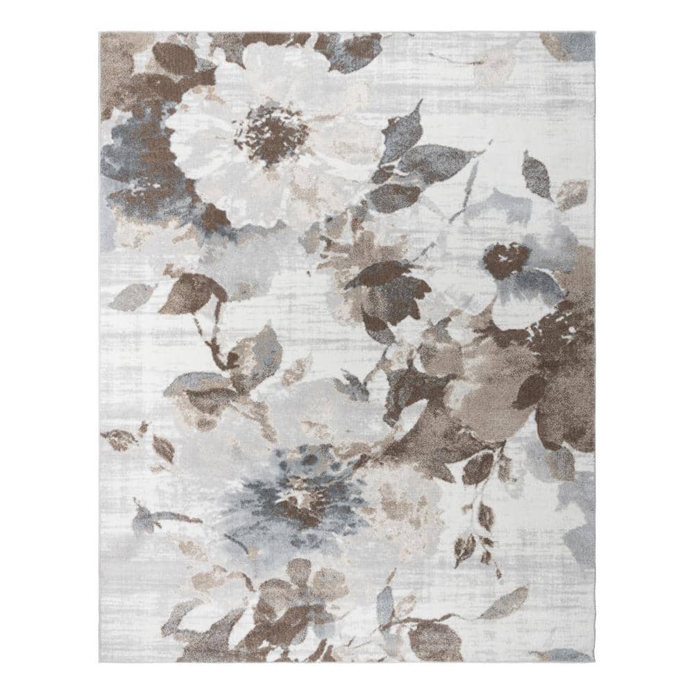 Gray Floral Patterned Synthetic 5' x 7' Area Rug