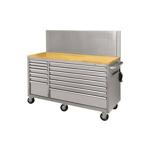 62 in. W x 24 in. D Standard Duty 14-Drawer Mobile Workbench Tool Chest with Solid Top and Pegboard in Stainless Steel