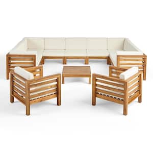 Oana Teak Brown 10-Piece Wood Patio Conversation Sectional Seating Set with Beige Cushions