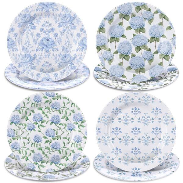 Blue Hydrangea Melamine Salad Plates 8 in Spring Floral Design Set of 8 Durable Lightweight Dinnerware