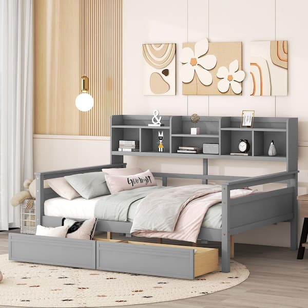 Harper & Bright Designs Gray Full Size Wood Daybed with Bedside Shelves and 2 Drawers