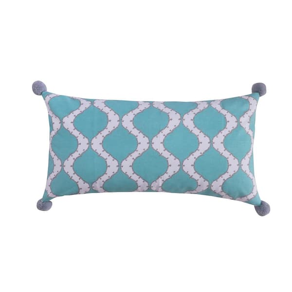 LEVTEX HOME Gramercy Teal, Cream and Silver Medallion Ogee Print with Corner Pom Pom 24 in. x 12 in. Throw Pillow