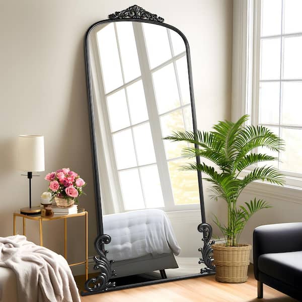 PexFix 29 in. W x 68 in. H Large Rustic Wall Mirror Free Standing Leaning Metal Mirror Full Size Carved Floor Mirror in Black