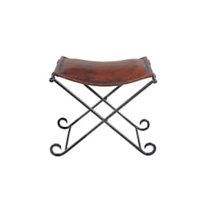 Leather Brown Industrial Accent Stool with Iron Legs