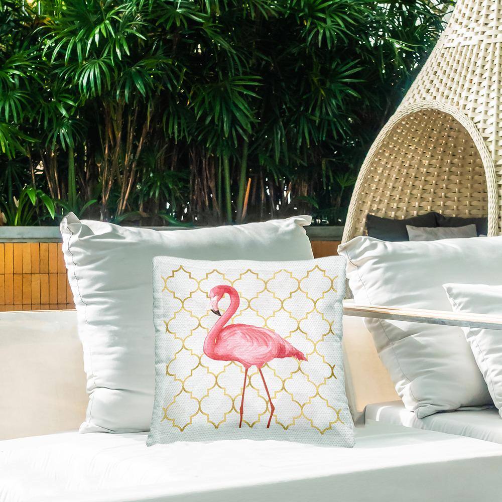 Pink Flamingo and Gold Geometric Outdoor Pillow