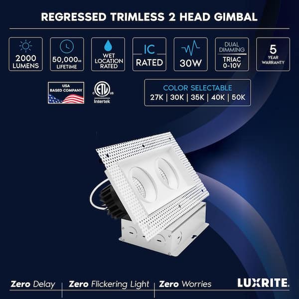 2-Head Integrated LED Rectangle Regressed Trimless Gimbal Light, 360° + 15° Swivel, 5CCT, 30W, 2000LM, Dimmable 2 Pack