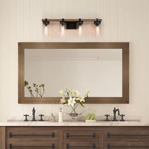 Industrial 29 in. 4-Light Black Vanity Light with Seeded Glass Shades and Faux Pine Wood Accents