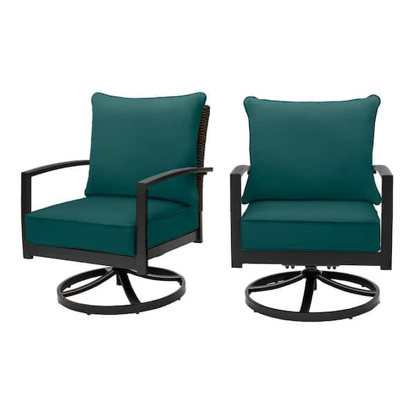 Hampton Bay Whitfield Dark Brown Wicker Outdoor Patio Motion Conversation Chair with CushionGuard Malachite Green Cushions (2-Pack)