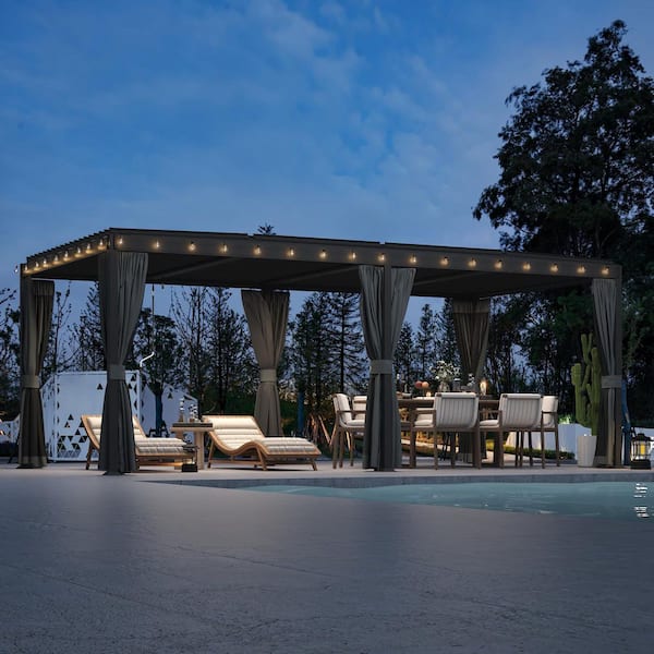 10 ft. x 20 ft. Black Steel Pergola with Adjustable Louvered Roof, Curtains and Netting for Patio