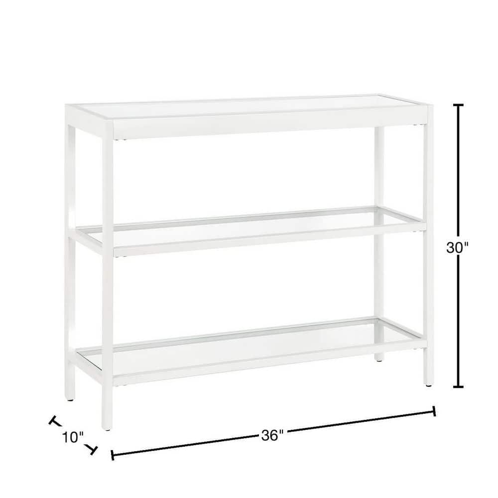 Streamlined White Metallic 36" Console Table with Tempered Glass Shelves