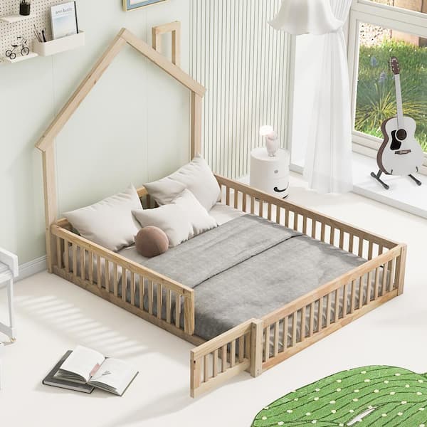 Harper & Bright Designs Natural Full Size Wooden House Platform Bed, Floor Bed with Roof and Chimney Design, Wood Slats, Door, Guardrail