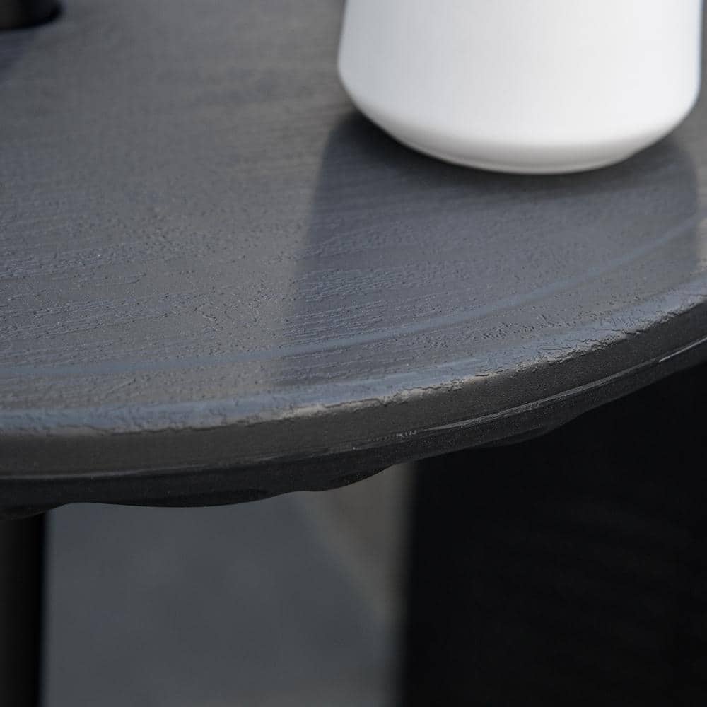 Black Round HDPE Umbrella Table Tray with Wood Grain Pattern