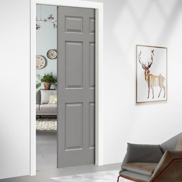 Light Gray 36 in. x 80 in. Painted Composite MDF 6PANEL Interior Sliding Door with Pocket Door Frame and Hardware Kit