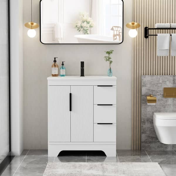 30 in. W. x 18 in. D x 33.5 in. H Single Sink Freestanding White Bath Vanity with White Integrated Composite Resin Top