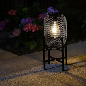 14.25 in. H Metal Mesh Solar Powered Outdoor Lantern with Stand in Black