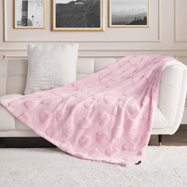 Tossed Hearts Light Pink Hearts Plush Microfiber Throw Blanket