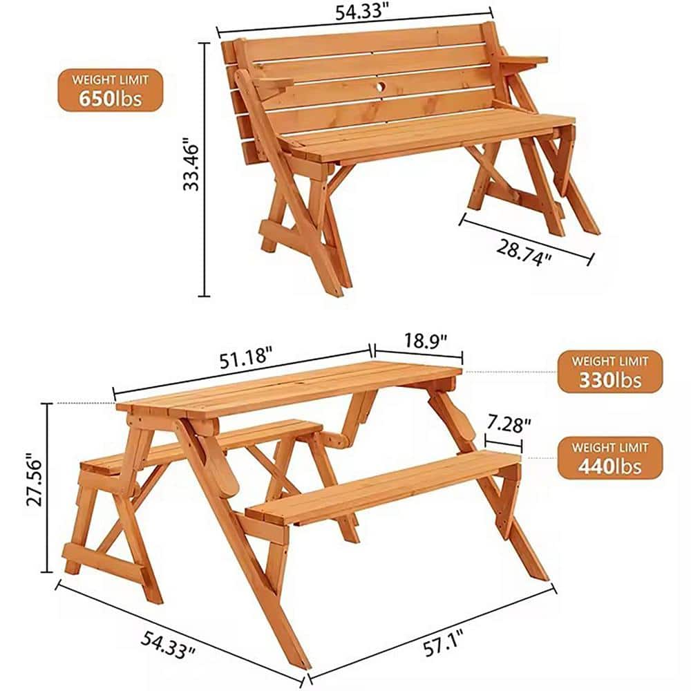 Convertible Hemlock Hardwood Picnic Table and Bench, Light Brown